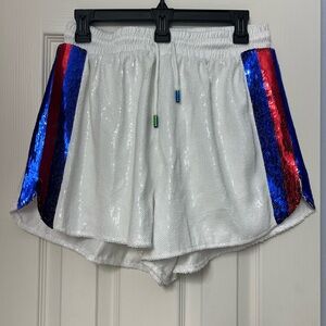 QUEEN OF SPARKLES White Sequin Shorts with Red and Blue Accents